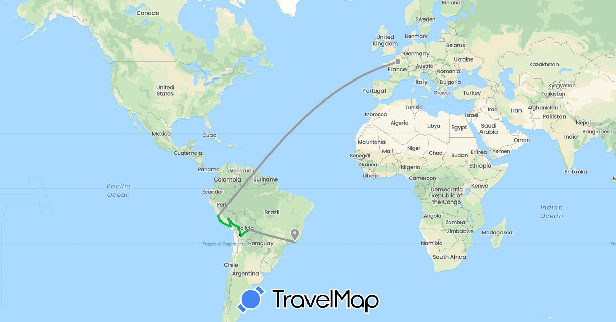 TravelMap itinerary: driving, bus, plane, train in Bolivia, Brazil, France, Peru (Europe, South America)